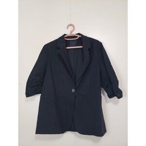 Mina Self Women M Blazer Ruched 3/4 Sleeve Black Natural Fiber Linen Cotton NWOT